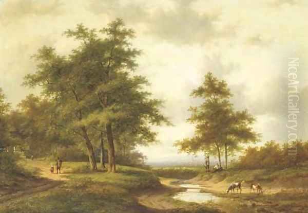 Figures resting by a ford, a town in a valley beyond - view 1