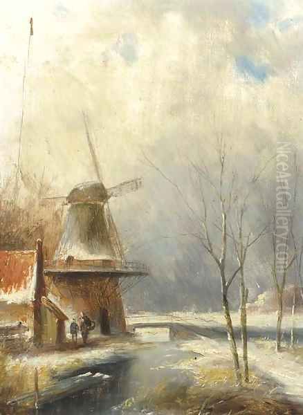 A winter landscape with peasants conversing by a windmill by Jan Evert Morel