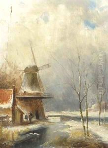 A winter landscape with peasants conversing by a windmill