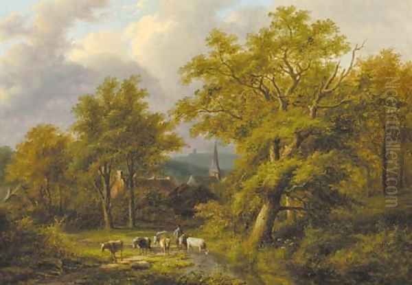 A wooded landscape with a herdsman with flock - view 1