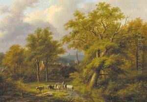 A wooded landscape with a herdsman with flock