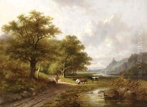 A wooded landscape with peasants resting on a sandy track by Jan Evert Morel