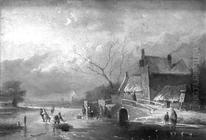 Peasants skating and conversing by a koek en zoopie on a frozen river by Jan Evert Morel