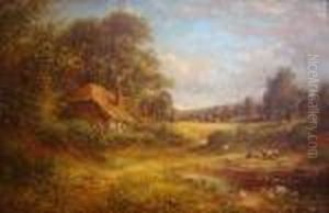 Pastoral Landscape With Shepherd, Sheep &amp; Figures Harvesting Corn To Distance