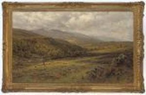 A Shepherd And His Flock On A Hillside In A River Valley by Alfred Augustus Glendening