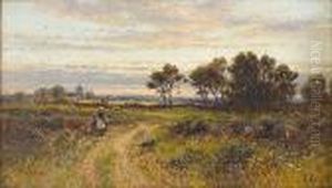 Sheep And Shepherd In A Landscape; Figures On A Country Lane by Alfred Augustus Glendening
