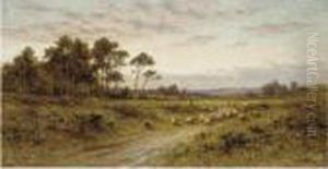 Shepherd With His Flock At Sunset by Alfred Augustus Glendening