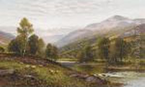 Sheep Grazing With Herders Resting On River""""s Edge