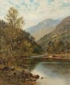 Mountainous Landscape With Cattle Watering By A River by Alfred Augustus Glendening
