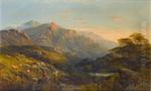 Figures In A Highland Landscape At Sunset - view 1