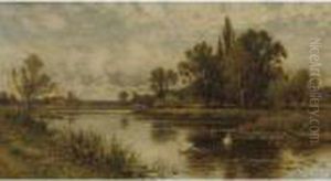 Landscape With Pond And Swanns by Alfred Augustus Glendening