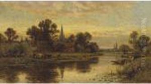 Landscape With Cattle Watering By A Stream by Alfred Augustus Glendening