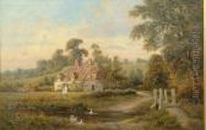 A View Of A Thatched Cottage With Figures Beside A River by Alfred Augustus Glendening
