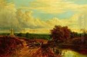 Driver With Horse Cart And Dog On A Road Near A Pond With Distant Windmill