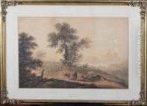 A View Of Durham City With Cattle Herders Among Trees In Theforeground A View Of Durham City With Cattle Herders Among Trees In Theforeground