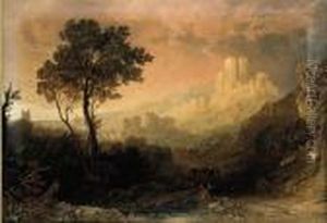 A Drover And Cattle Below A Ruined Castle