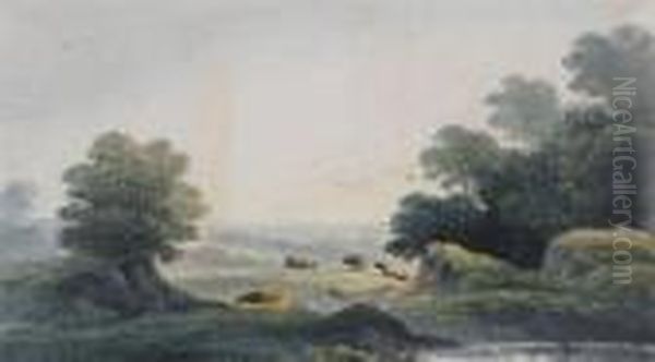 Cattle By A Pond With A Distant Landscape - view 1