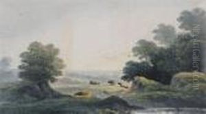 Cattle By A Pond With A Distant Landscape by John Glover