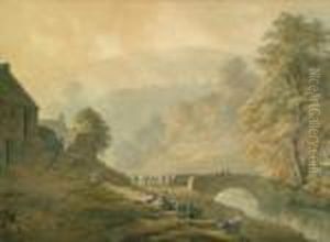 River Ravine In Summer With Figures And Animals By A Bridge