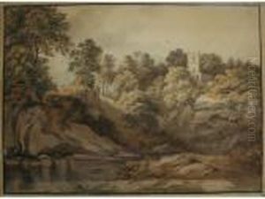 A Wooded Country Pool By A Church by John Glover