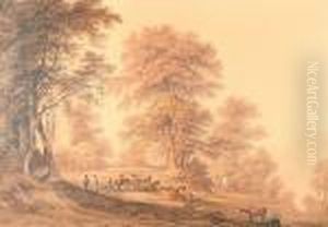 Woodland Landscape With Cattle By An Abbey by John Glover