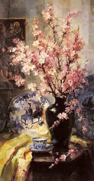 Apple Blossoms and Blue and White Porcelain on a Table - view 1