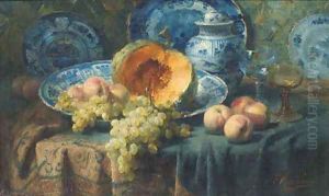 A pumpkin, peaches, and grapes in a china bowl by glasses on a draped table by Frans Mortelmans