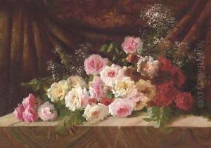 Roses and Baby's Breath on a Cloth-draped Ledge by Frans Mortelmans