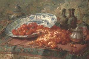 Stawberries in a delft bowl with cherries on a table by Frans Mortelmans