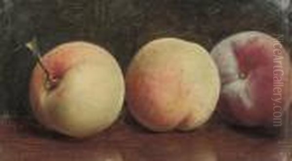 Three Peaches On A Brown Table - view 1