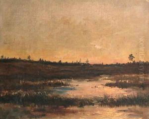 An evening view of a boggy landscape in Drente by Hendrik Willem Mesdag