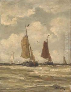 Bomschuiten at sea, Scheveningen by Hendrik Willem Mesdag