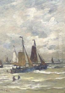 'Bomschuiten' in the surf 2 by Hendrik Willem Mesdag