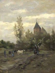 A view on the church of Vries, Drenthe by Hendrik Willem Mesdag