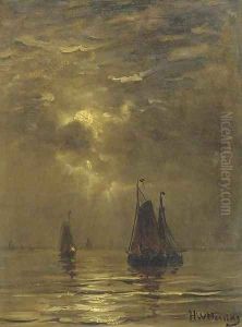 Bomschuiten setting out by moonlight by Hendrik Willem Mesdag