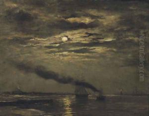 Maaneffect entering the harbour by moonlight by Hendrik Willem Mesdag