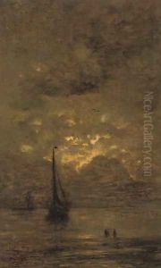 On the beach at sunset by Hendrik Willem Mesdag