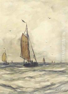 Sailing vessels at sea by Scheveningen by Hendrik Willem Mesdag