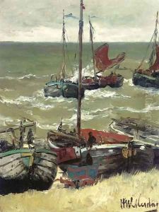 Terugkerende vissersschepen Bomschuiten by the coast by Hendrik Willem Mesdag