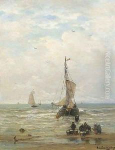 Unloading the catch in the surf by Hendrik Willem Mesdag