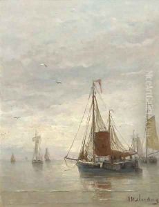 Voor anker Bomschuiten at the break of dawn by Hendrik Willem Mesdag