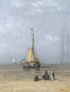 A Bomschuit in the breakers on a calm day by Hendrik Willem Mesdag
