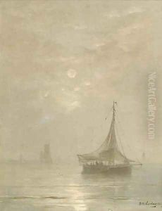 A calm bomschuiten at sea on a hazy afternoon by Hendrik Willem Mesdag
