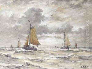 Bomschuiten near the coast of Scheveningen by Hendrik Willem Mesdag