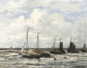 'Bomschuiten' in the surf by Hendrik Willem Mesdag