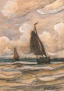 Bomschuiten at sea by Hendrik Willem Mesdag