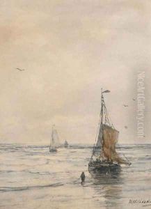 Bomschuiten in the surf 2 by Hendrik Willem Mesdag