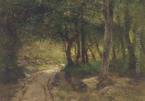 A track running through a sunlit glade by Francisco Masriera y Manovens
