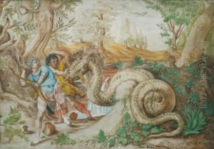 Cadmus, Son Compagnon Et Le Dragon by Hendrick Goltzius