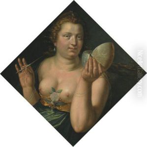 An Allegroical Female Figure, Probably Pictura, Holding Apaintbrush And Nautilus Shell by Hendrick Goltzius